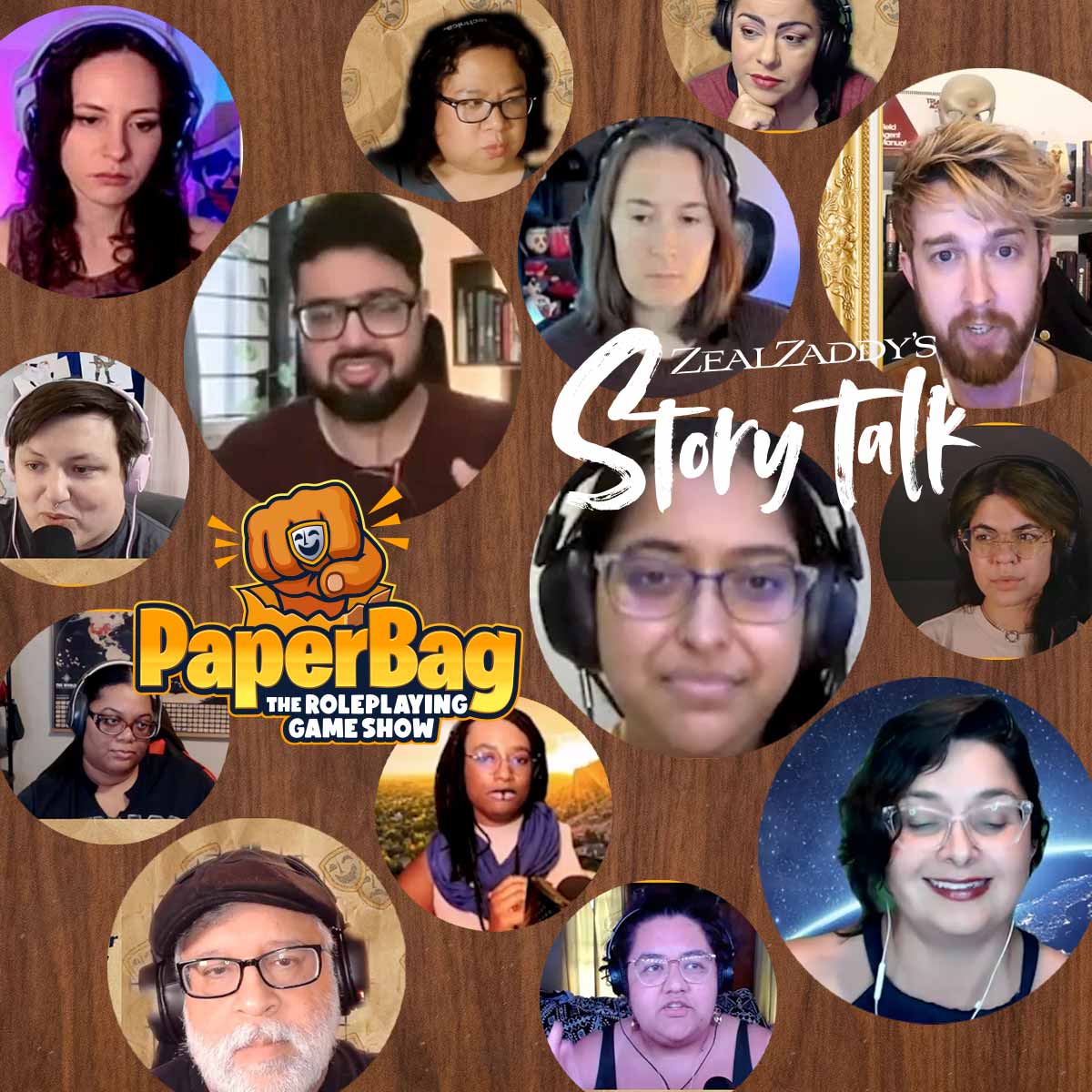 Headshots of StoryTalk and PaperBag: The Roleplaying Game Show guests with the StoryTalk and PaperBag show logos