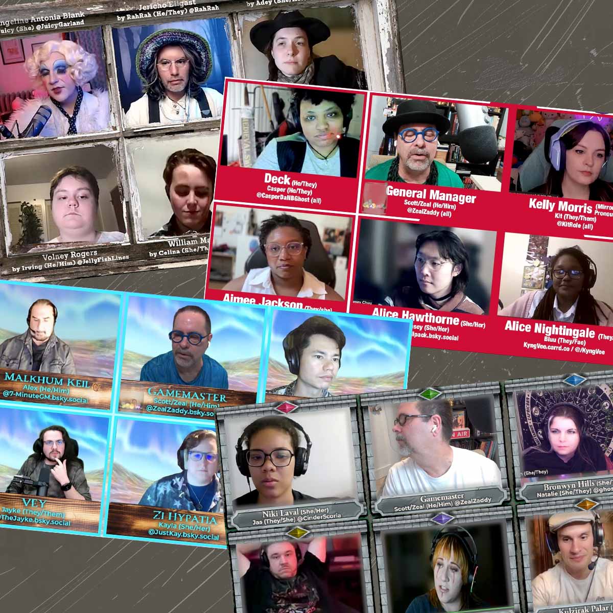 Screen captures from Daggerheart, The Triangle Agency, Harrow: The Blighted Plane, and Old Gods of Appalachia actual play streams.
