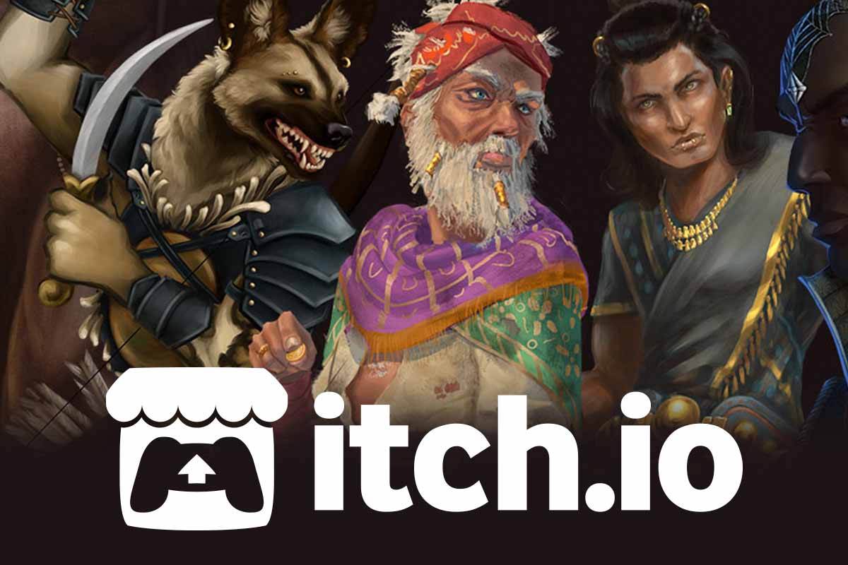 Images of character illustrations commissioned by ZealZaddy. Illustrations by Jen Mars, Humberto Santos, and Alec Adams. Also the Itch.io logo.